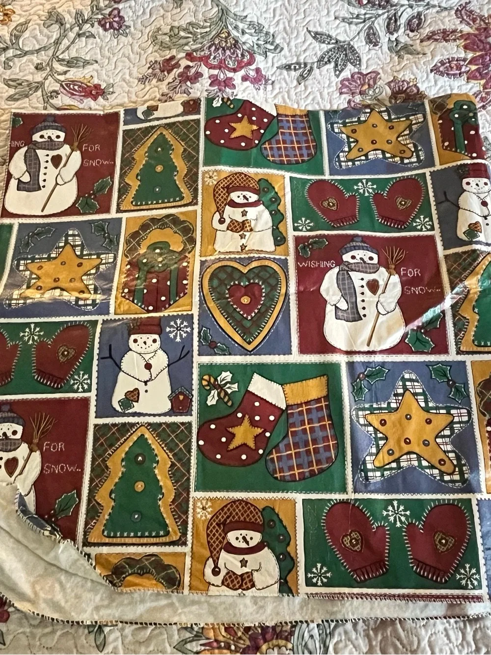 Vintage 90’s Christmas Table Cover Cloth Snowman Holidays Linens 51x51 Xmas